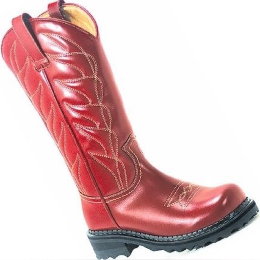 John Fluevog Red Leather Resoled F-Shoe Hi Cowboy Western Boots, Sz 10.5